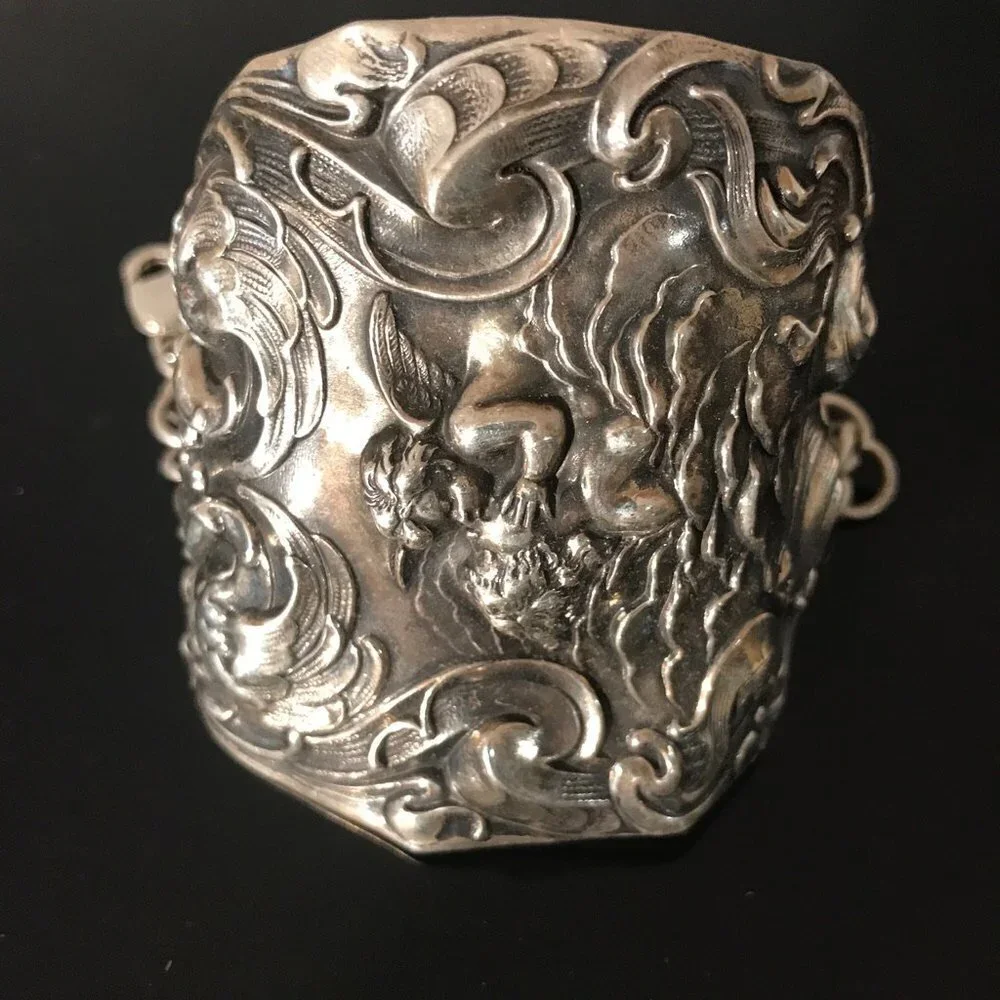 Kissing Cherub Wide Sterling Silver Cuff Bracelet Unger Brothers Angel Putti